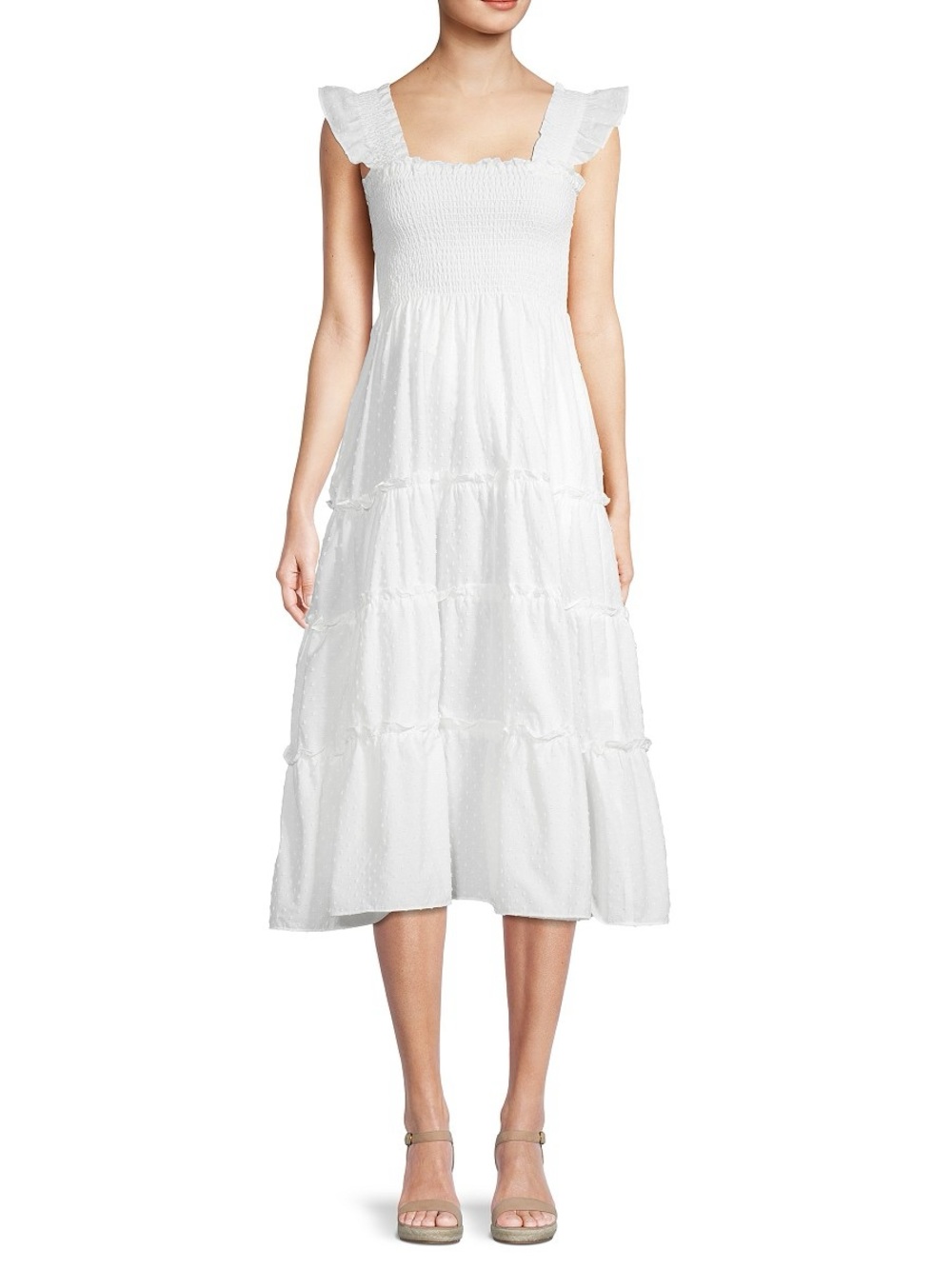 Smocked Bodice Ruffle Strap Tiered Midi Dress in White, Nap Dress 100% Cotton